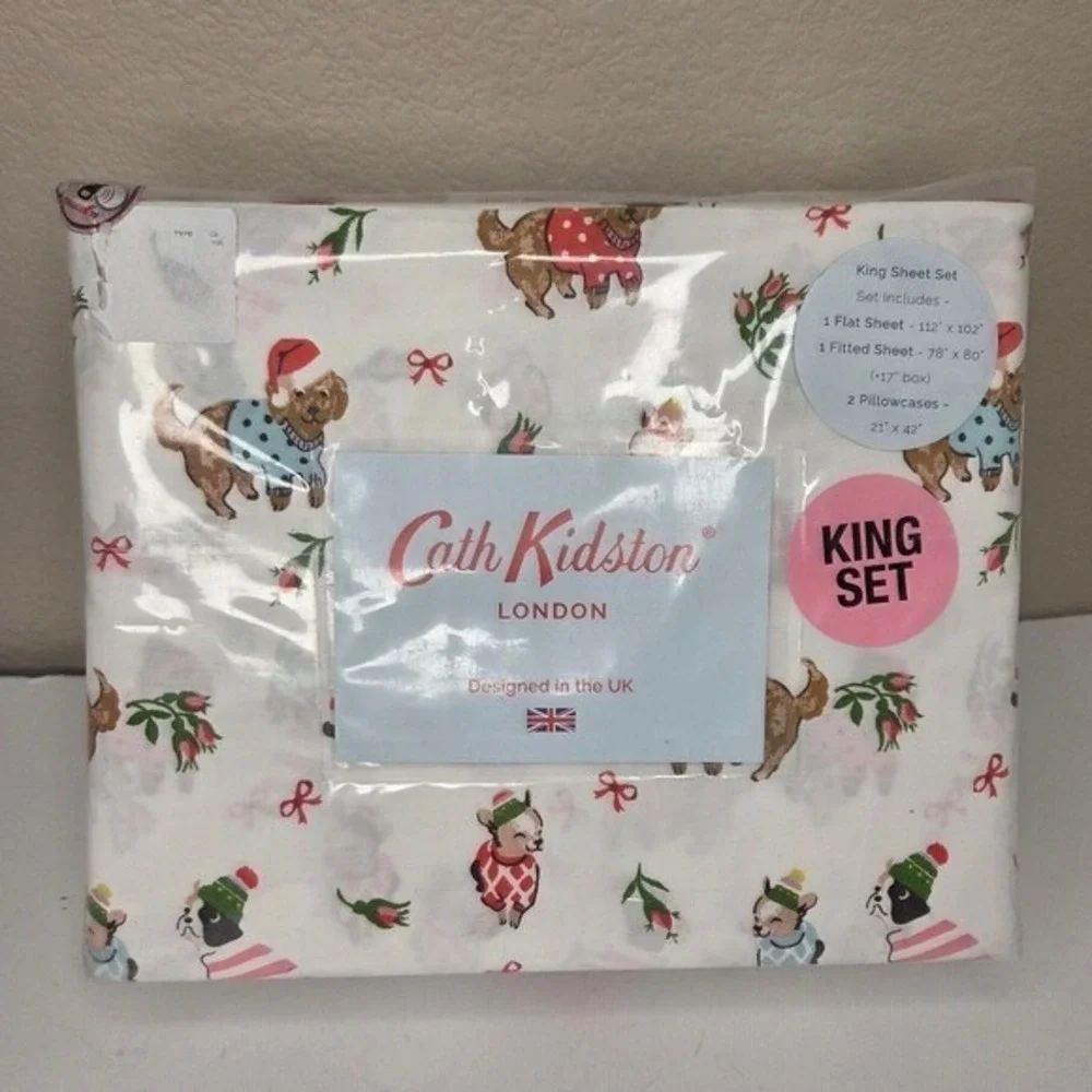 Cath Kidston Puppy Love Pink King Sheet Set 100%‎ Cotton Christmas Dogs Holiday